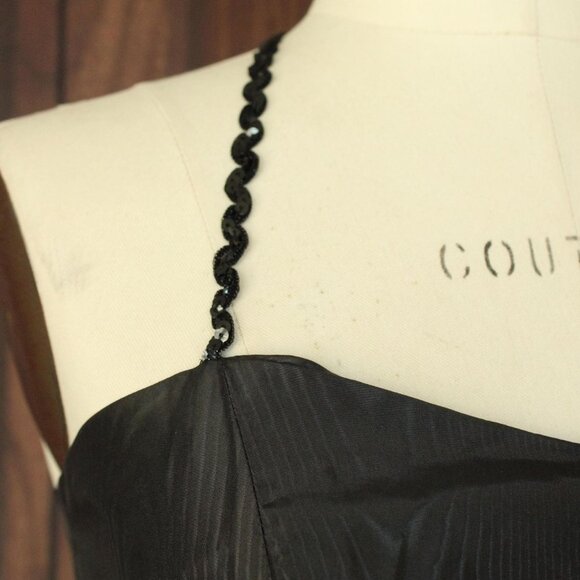 Vintage 1960s Dress, Black Taffeta Maxidress, Long Wiggle Moire, Sequin Trim - Picture 4 of 10